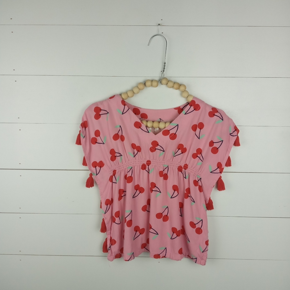 Cat & Jack girls size 3T light pink with red green cherry pattern top red fringe